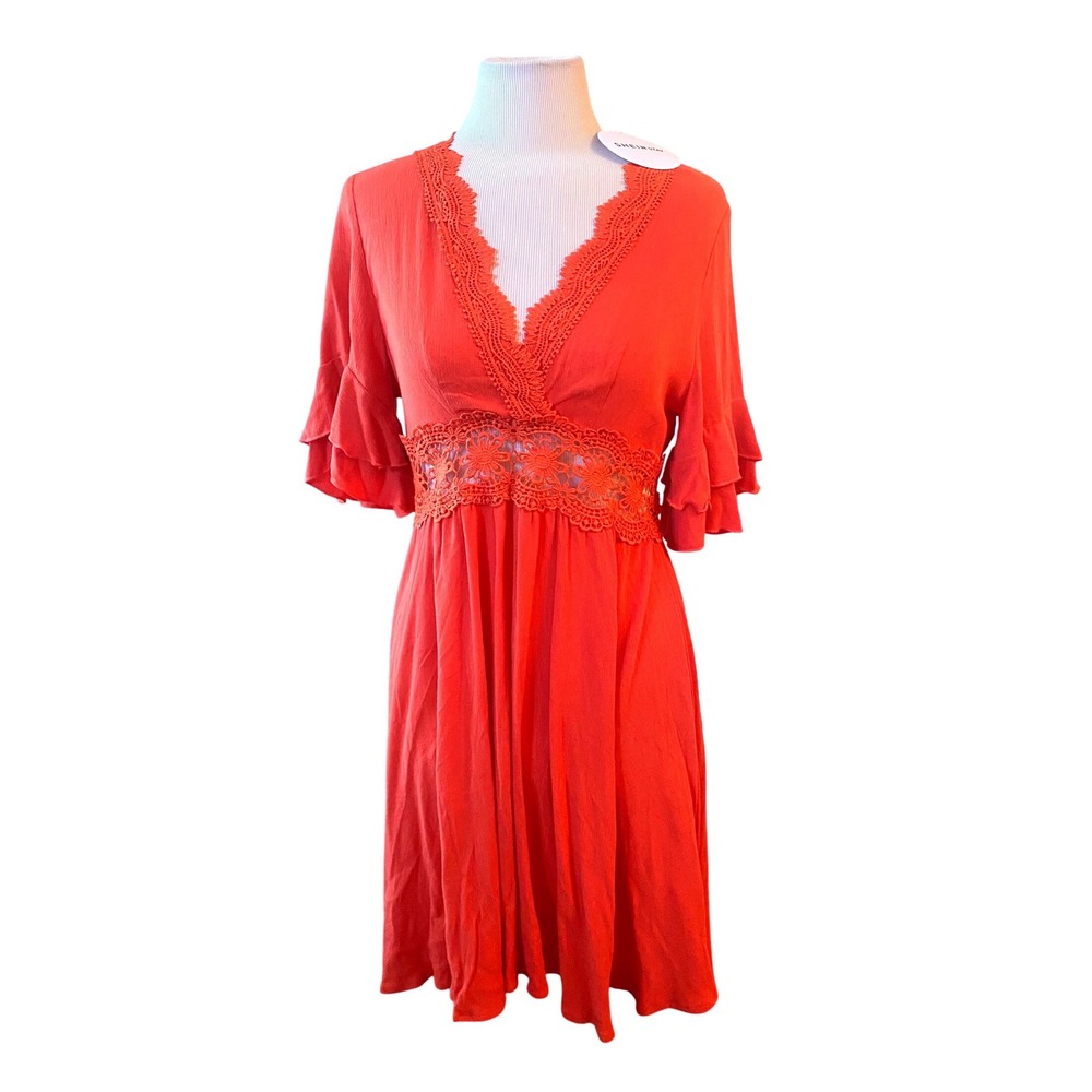 NWT Shein Vcay  boho Orange Crochet Lace V-Neck Ruffle Sleeve Boho Mini Dress s